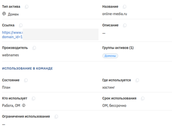 Карточка домена для учёта